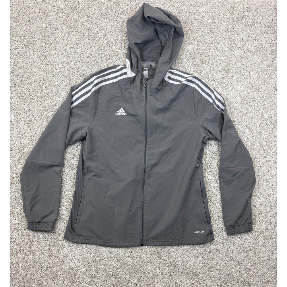 adidas Women's M AEROREADY Hooded Jacket Gray 3 Stripes Full Zip Athletic